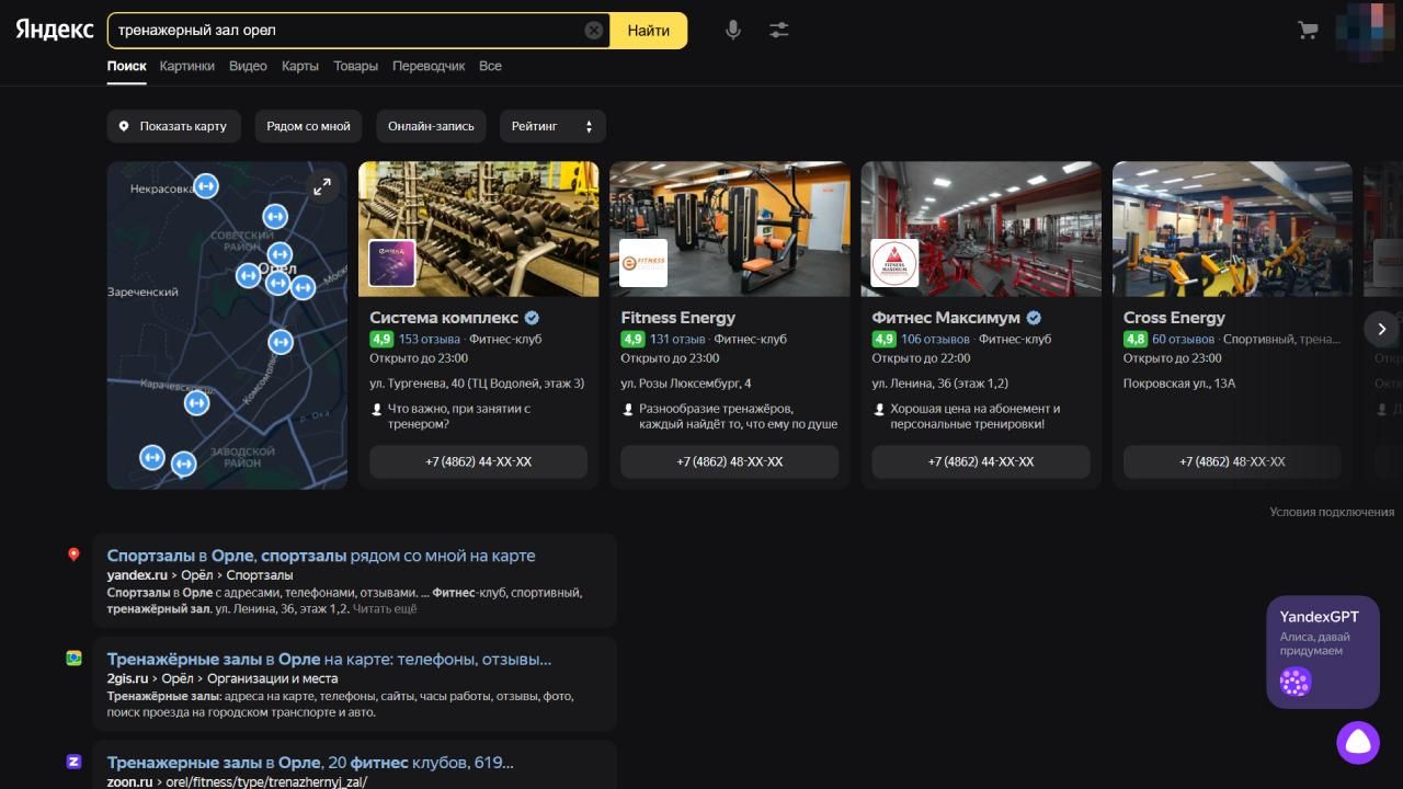 search results in Yandex.Maps